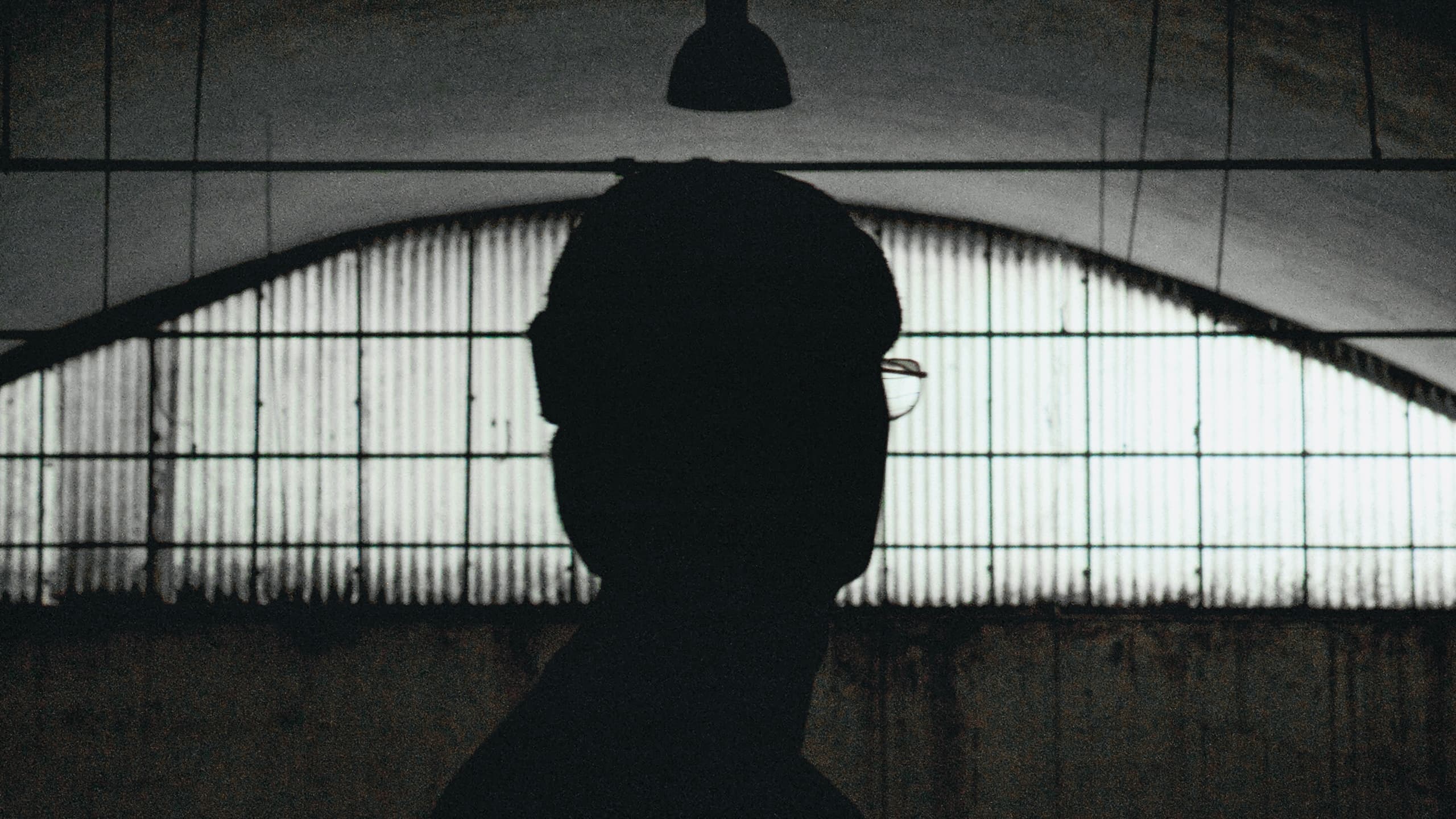 Fil Palmer in silhouette inside an industrial hall