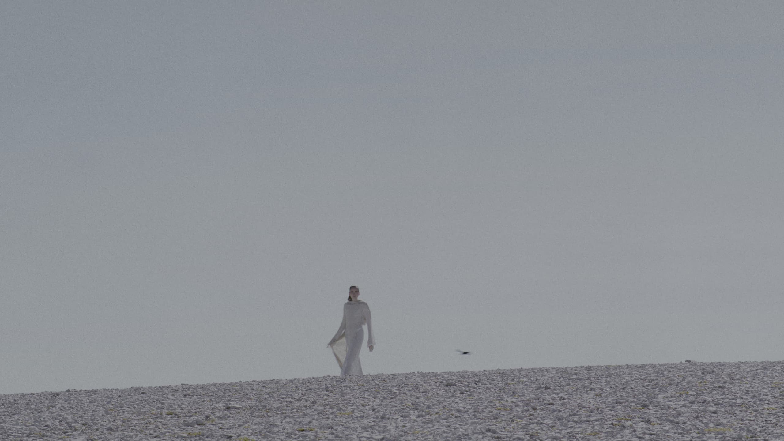 A distant figure crossing the stone plateau
